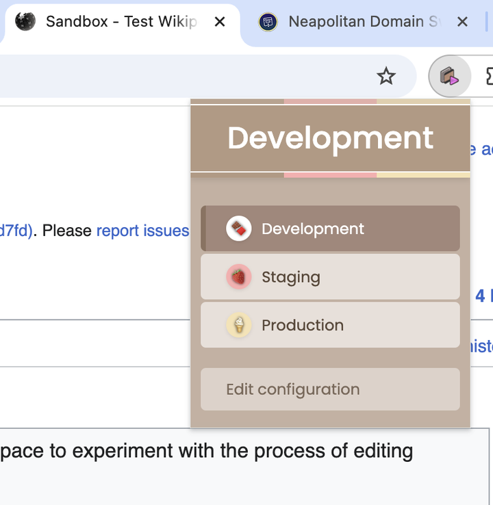 The Neapolitan popup showing development, staging, and production options for the current site