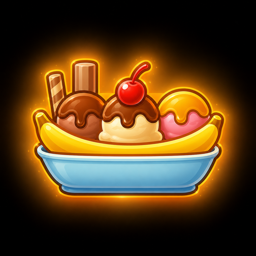 A banana split in a blue dish — chocolate, vanilla, and strawberry scoops nestled between two banana halves, topped with a cherry and wafer sticks