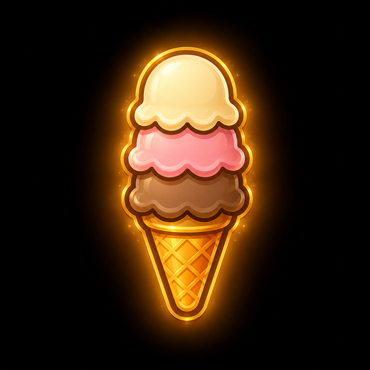 A glowing triple-scoop ice cream cone with vanilla, strawberry, and chocolate stacked vertically on a single waffle cone